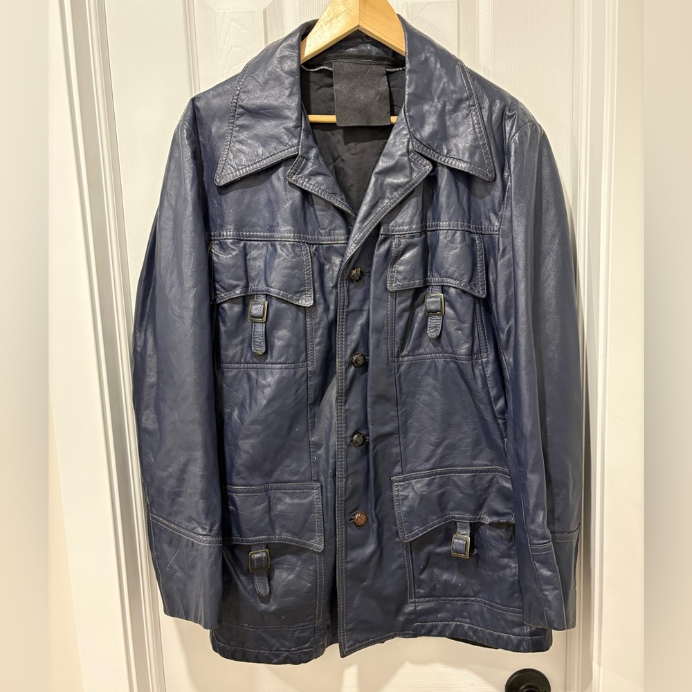 Vintage Men's Navy Leather Field Jacket Medium 1970s-80s